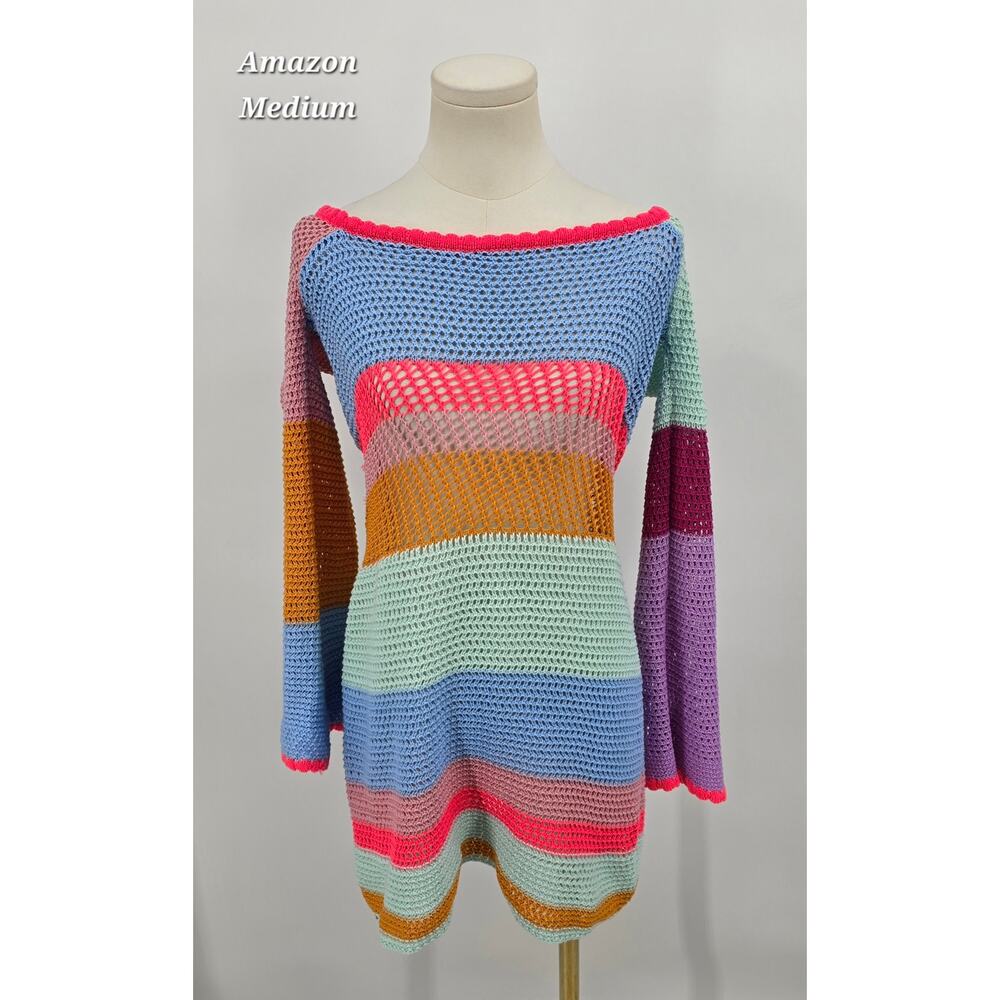 Amazon  Crochet Swim Cover-Up‎ Dress | Neon Colorblock Open-Knit Beach Tunic